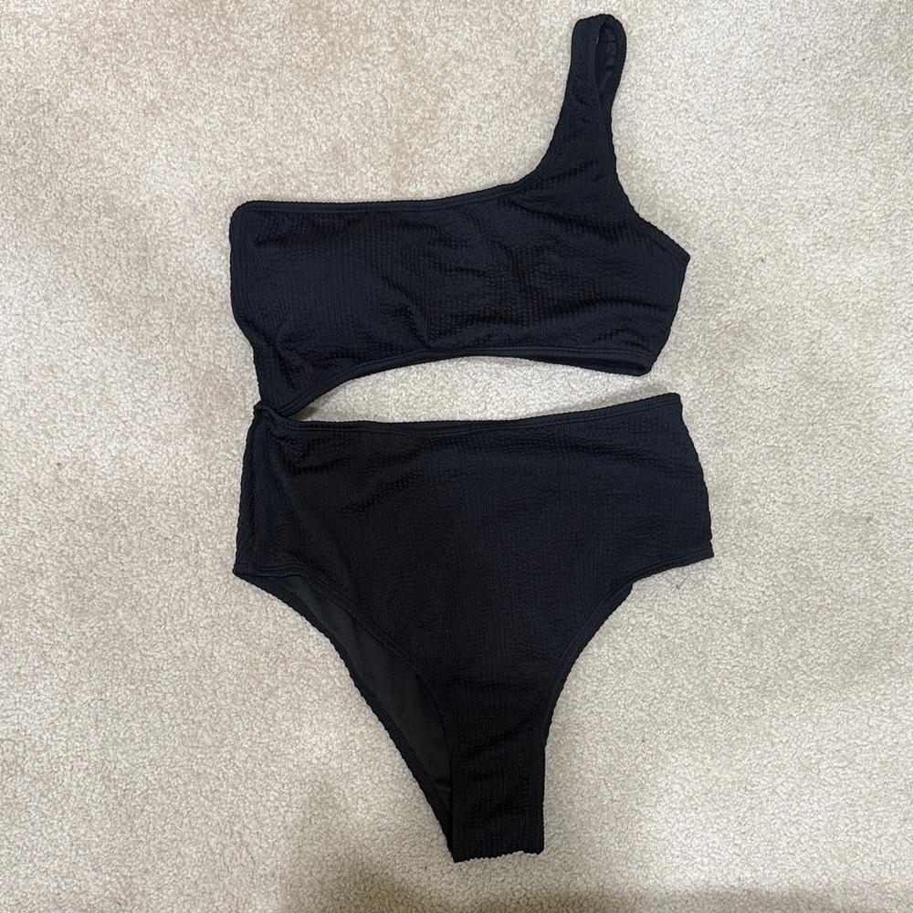 Black One-Shoulder High-Waist Swim Set